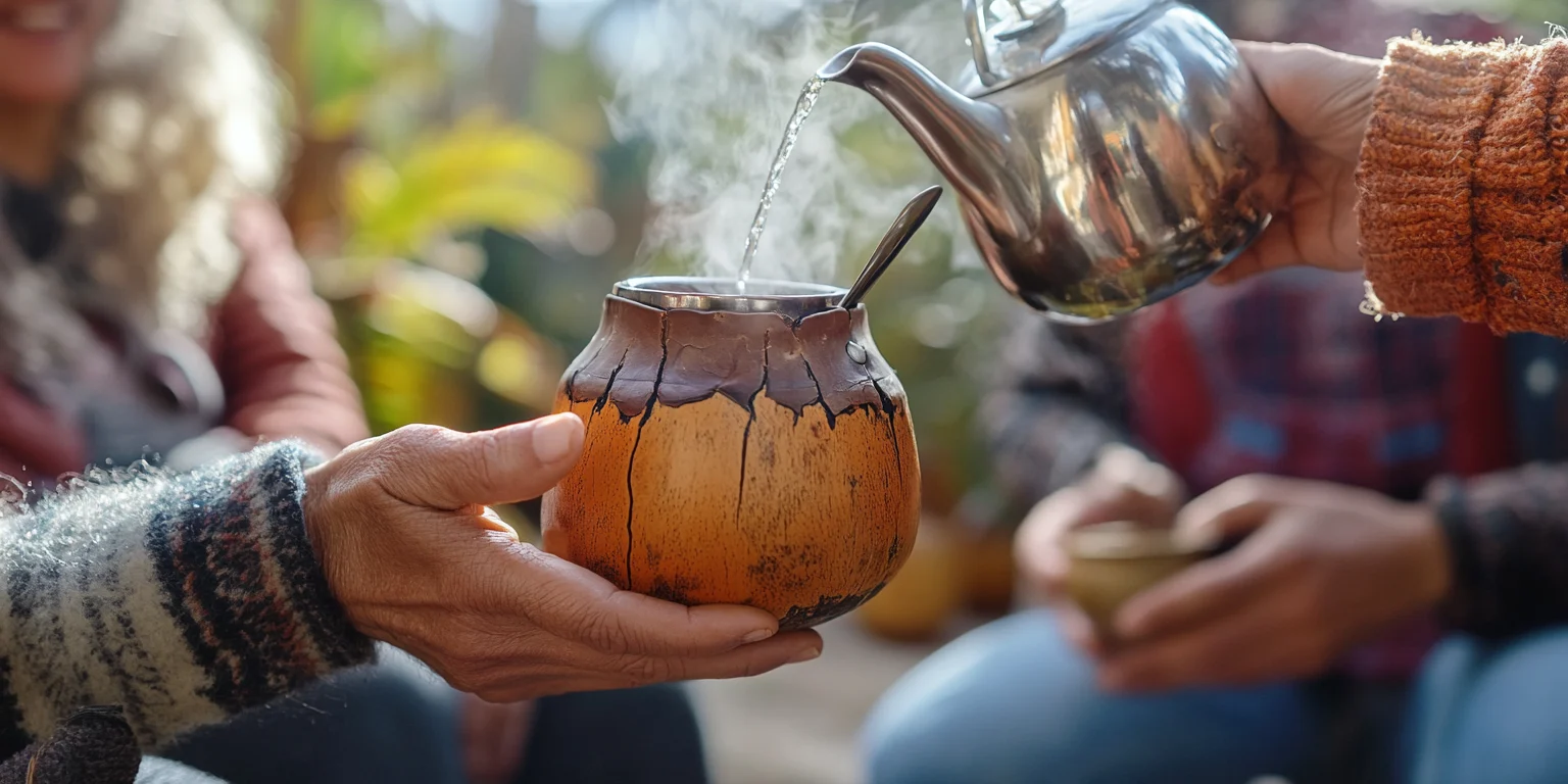 Grupo de amigos compartiendo un mate argentino en un ambiente cálido y acogedor. Una persona sostiene un mate de calabaza con exterior de cuero y una bombilla de acero inoxidable, mientras otra vierte agua caliente desde una pava tradicional. Todos sonríen y disfrutan del momento, resaltando la importancia del mate como una costumbre social y cultural