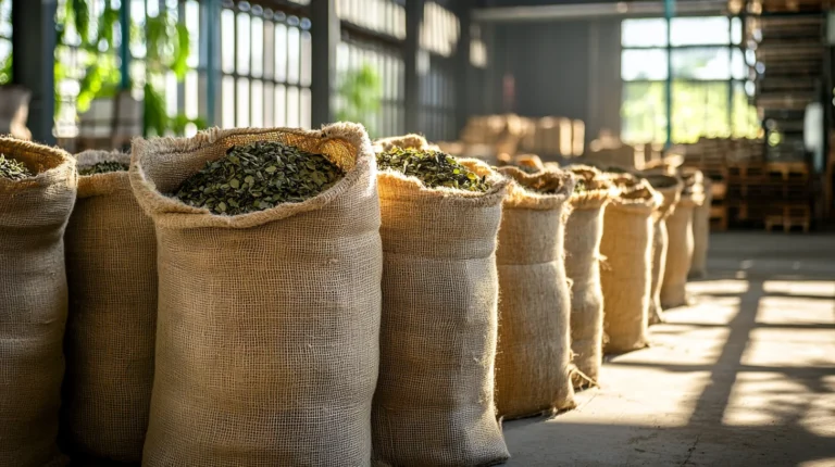 Bolsones abiertos con hojas de yerba mate en un depósito listo para la exportación. Las hojas secas de hierba mate muestran su característico color verde y marrón, destacando la calidad del producto. La luz natural resalta la textura de los sacos y el ambiente rústico del almacén, representando el proceso de producción y distribución de la yerba mate