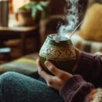 Persona disfrutando de un mate argentino tradicional, sosteniendo una calabaza con bombilla metálica, en un ambiente cálido y acogedor. El mate argentino es una bebida energizante rica en nutrientes, que contiene cafeína, antioxidantes, vitaminas y minerales.