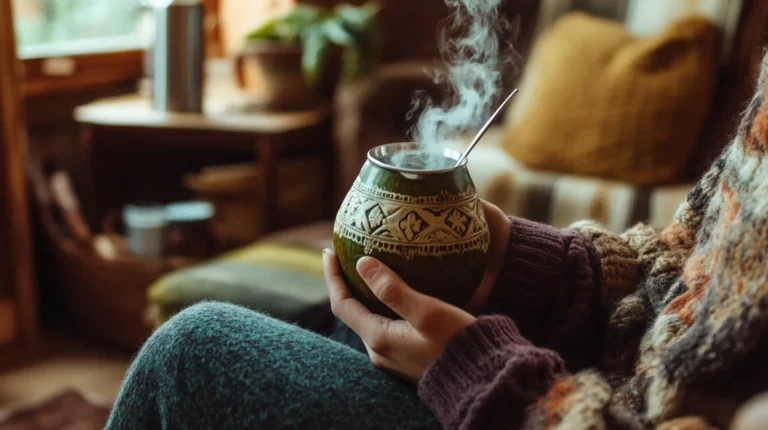 Persona disfrutando de un mate argentino tradicional, sosteniendo una calabaza con bombilla metálica, en un ambiente cálido y acogedor. El mate argentino es una bebida energizante rica en nutrientes, que contiene cafeína, antioxidantes, vitaminas y minerales.