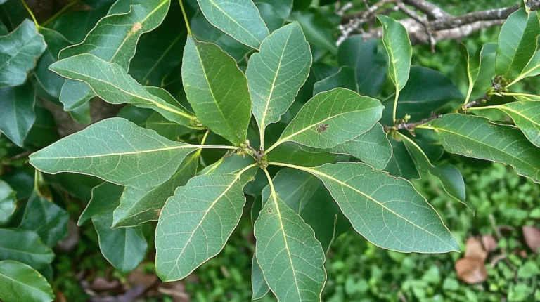 Primer plano de la planta Ilex paraguariensis, conocida como hierba mate, con sus hojas verdes y alargadas. Originaria de Sudamérica, esta planta es la base de la infusión de yerba mate, una bebida energizante popular en países como Argentina, Uruguay y Paraguay. La planta crece en regiones subtropicales y tiene un papel importante en las tradiciones culturales y sociales de la región