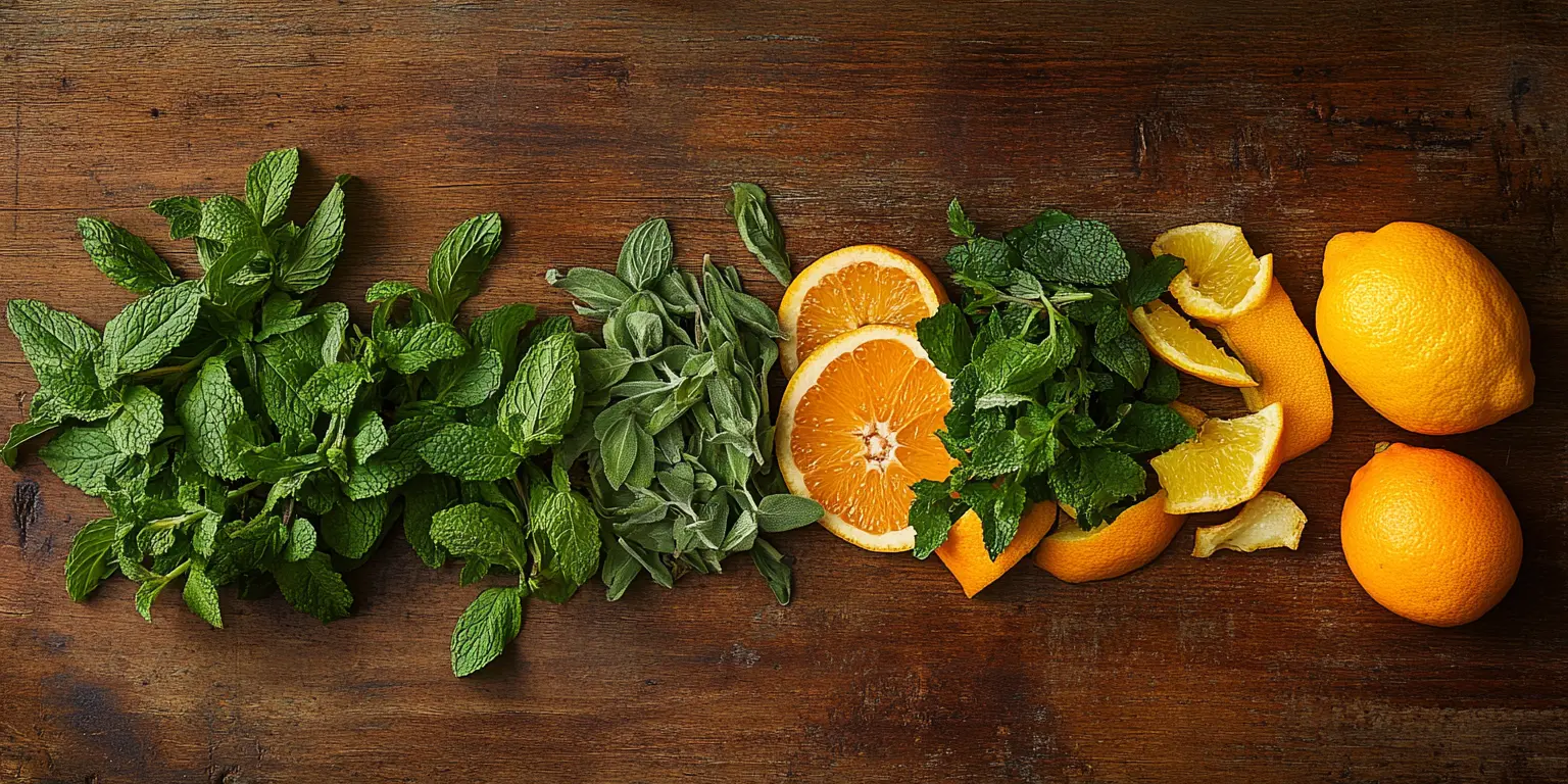 Variedad de hierbas y cáscaras de cítricos, que incluyen menta, cedrón, boldo y cáscaras de limón y naranja para dar sabor al mate.