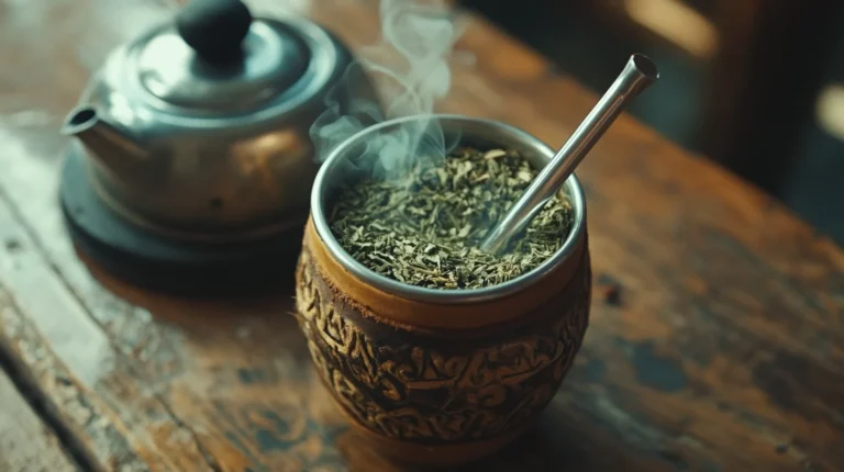 Mate argentino con exterior de cuero, lleno de yerba mate y una bombilla de acero inoxidable insertada. Junto a él, una pava tradicional sobre una mesa de madera rústica, con vapor elevándose, creando una atmósfera cálida y acogedora que resalta los beneficios y la tradición del mate.