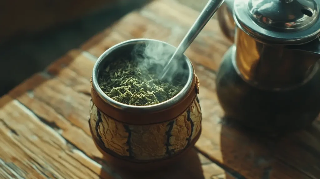 un mate con exterior de cuero y bombilla de acero inoxidable. La bombilla tiene un filtro fino en la base y la parte superior abierta. El vapor se eleva del mate, mostrando el proceso de cebar mate en un ambiente cálido y rústico.