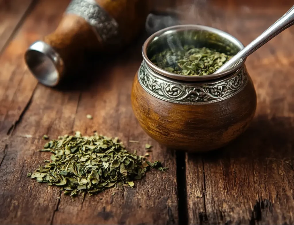 Primer plano de un mate argentino tradicional, con yerba mate fresca y una bombilla metálica insertada, listo para disfrutar. La imagen captura la esencia de esta bebida energizante, rica en nutrientes como cafeína, antioxidantes y vitaminas, perfecta para finalizar el recorrido sobre el mate argentino.