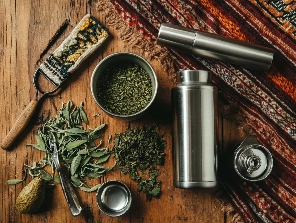 Materiales necesarios para preparar un mate argentino: un mate de calabaza, madera, cerámica o acero inoxidable, lleno de yerba mate verde. Una bombilla de acero inoxidable con filtro en la base, un termo para mantener el agua caliente entre 70°C y 80°C, y una pava tradicional. Yerba mate esparcida alrededor en una superficie de madera, resaltando la esencia rústica y tradicional de esta bebida icónica