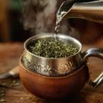 Primer plano de como preparar mate argentino, con un mate de cuero lleno de yerba mate verde vibrante. Una bombilla de acero inoxidable con filtro en la base está insertada correctamente, mientras una pava argentina tradicional vierte agua caliente sobre la yerba. El vapor se eleva suavemente, creando un ambiente cálido y acogedor. Imagen representativa del ritual de cebar mate, destacando la textura del mate, la bombilla y la tradición de esta bebida energética y natural. ¿Cómo hacer un mate por primera vez?