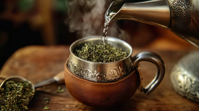 Primer plano de como preparar mate argentino, con un mate de cuero lleno de yerba mate verde vibrante. Una bombilla de acero inoxidable con filtro en la base está insertada correctamente, mientras una pava argentina tradicional vierte agua caliente sobre la yerba. El vapor se eleva suavemente, creando un ambiente cálido y acogedor. Imagen representativa del ritual de cebar mate, destacando la textura del mate, la bombilla y la tradición de esta bebida energética y natural. ¿Cómo hacer un mate por primera vez?