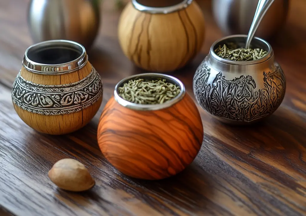 Variedad de mates tradicionales argentinos, incluyendo diferentes tipos de recipientes de calabaza y bombillas metálicas. La imagen muestra la diversidad en la presentación y preparación del mate argentino, una bebida rica en nutrientes y antioxidantes.