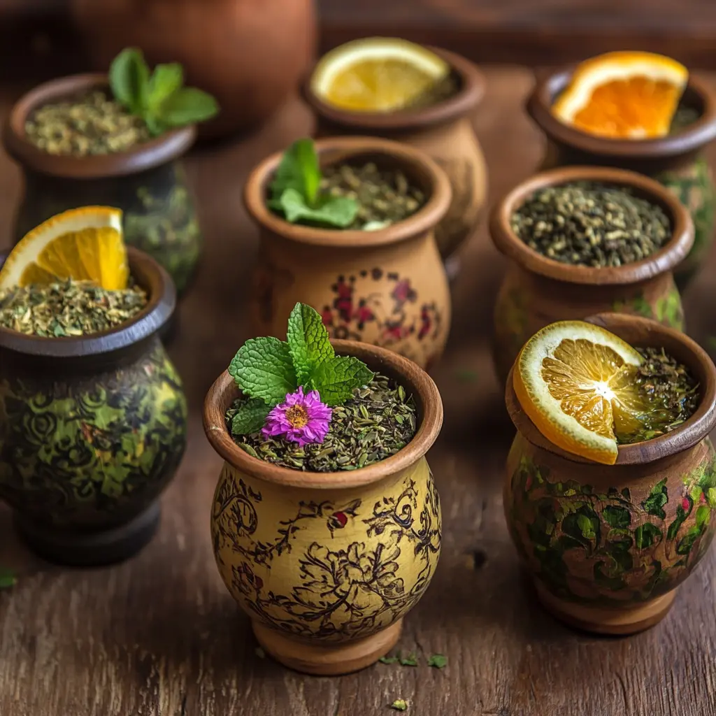 Diferentes variaciones de mate con agregados naturales como hojas de menta, rodajas de limón y naranja, y flores. Los mates están hechos de materiales variados como calabaza, madera y cerámica, presentando una atmósfera cálida y acogedora.