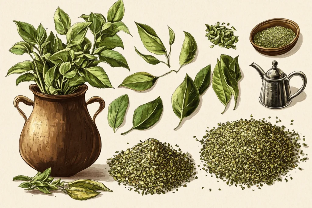 Ilustración del circuito productivo de la yerba mate: hojas frescas en la planta, proceso de secado, yerba canchada triturada y yerba molida lista para consumo. Representación visual de las etapas de producción, desde el cultivo en Misiones y Corrientes hasta el envasado final.
